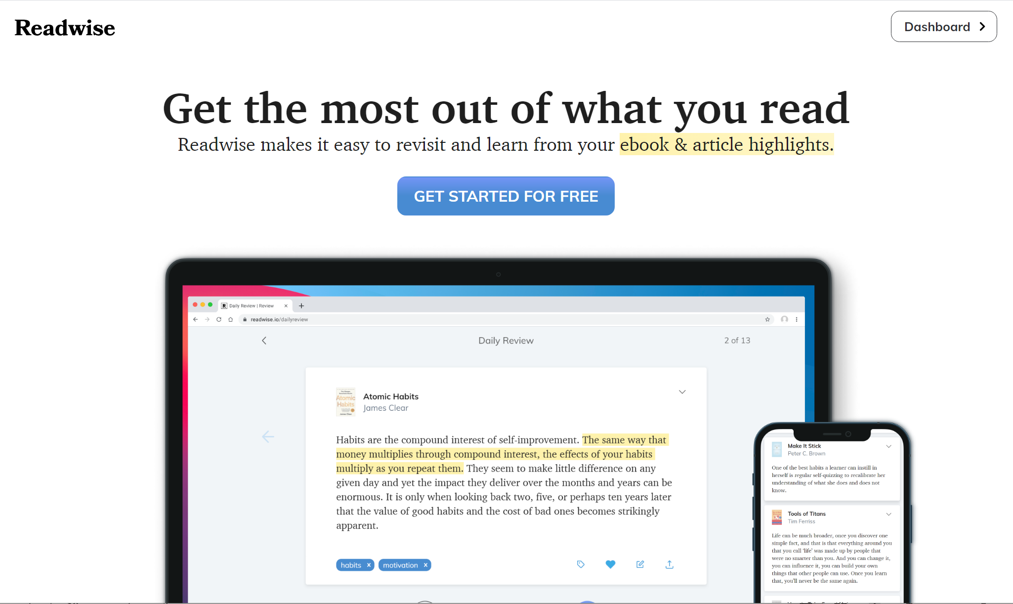 Screenshot of the Readwise home page: “Get the most out of what you read. Readwise makes it easy to revisit and learn from your ebook & article highlights”, with a Get started for free button and a laptop and phone showing a daily review.