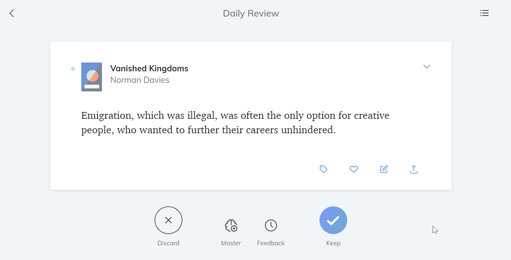 A Readwise daily review card with a highlight from “Vanished Kingdoms” by Norman Davies, with Discard, Master, Feedback and Keep buttons.