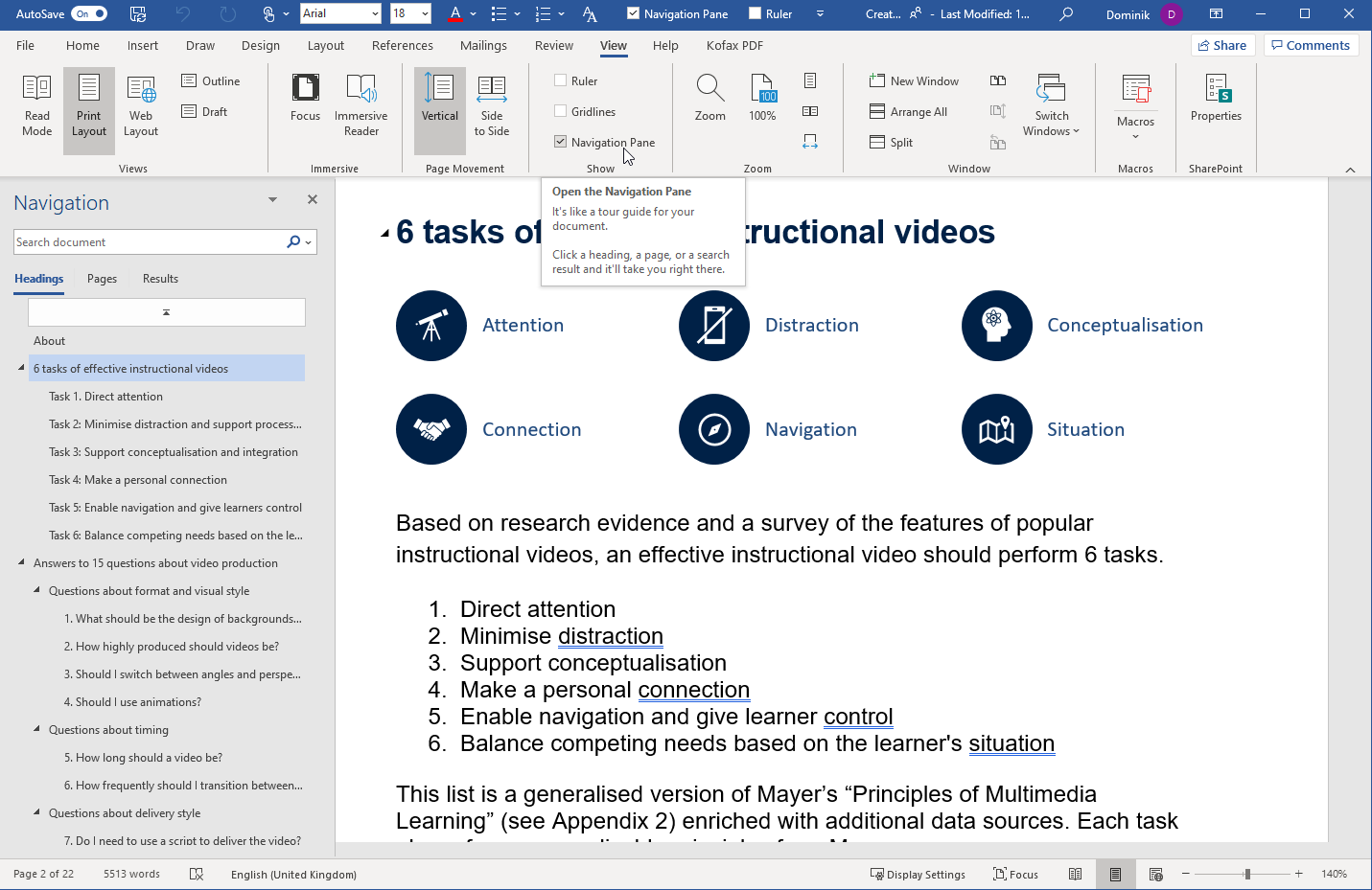 Screenshot of Word with the Navigation pane showing the headings of a document about six tasks of effective instructional videos, beside the document text.