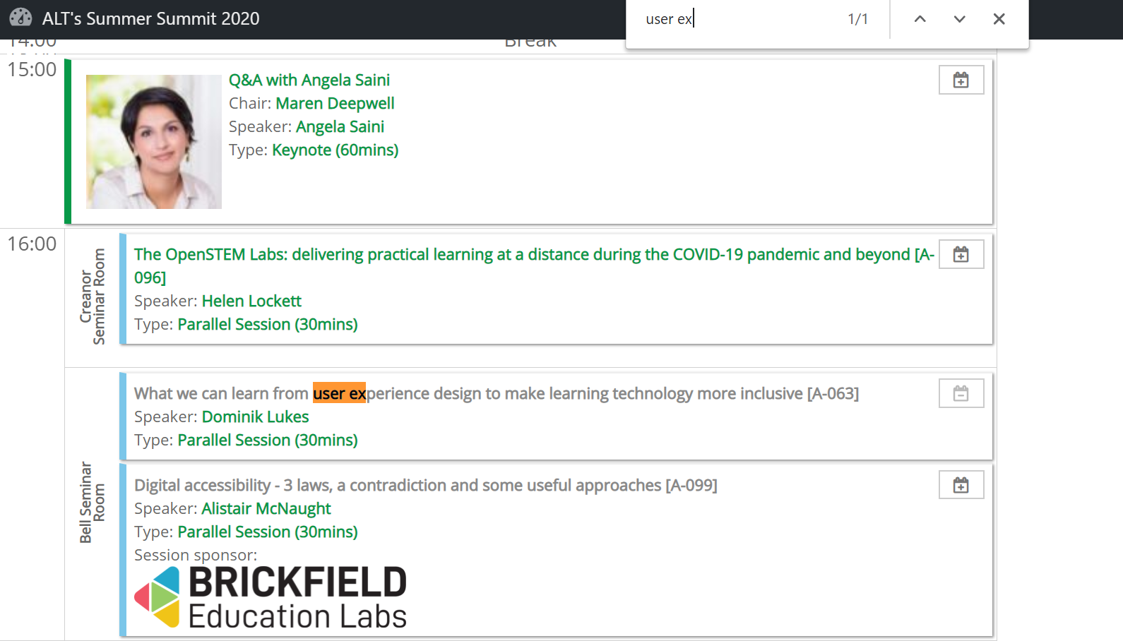 Screenshot of the online schedule of ALT’s Summer Summit 2020 with a search box containing “user ex”, matching sessions highlighted, and a sponsor logo, Brickfield Education Labs.