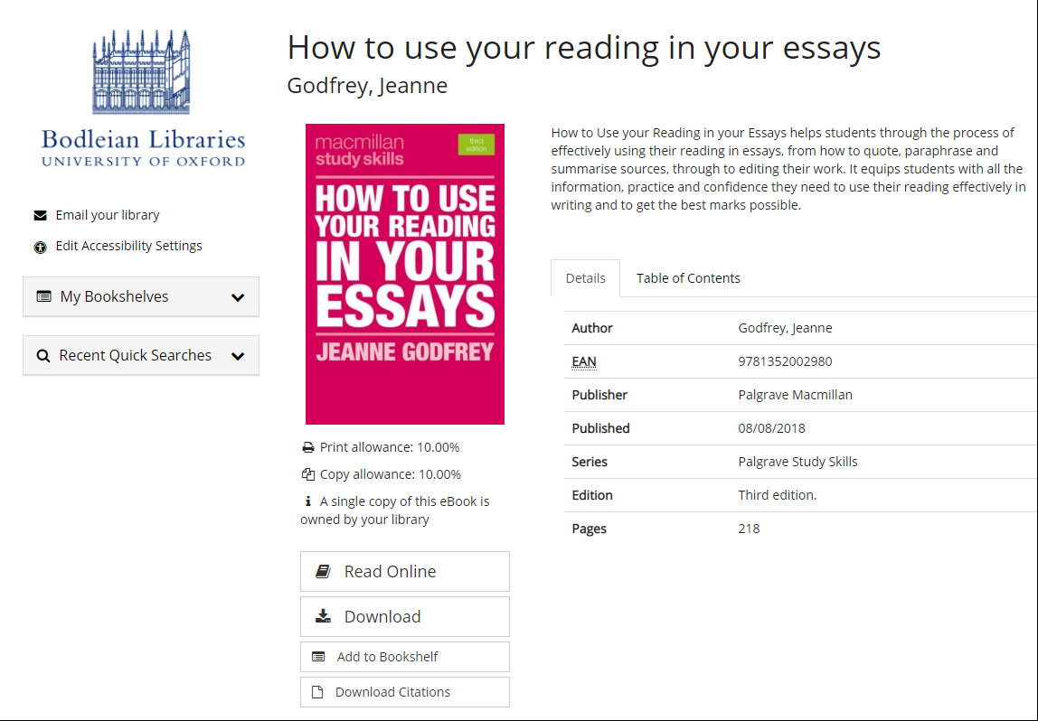 Screenshot of a Bodleian Libraries catalogue record for “How to use your reading in your essays” by Jeanne Godfrey, with buttons Read Online, Download and Add to Bookshelf, and print and copy allowances of 10 per cent.
