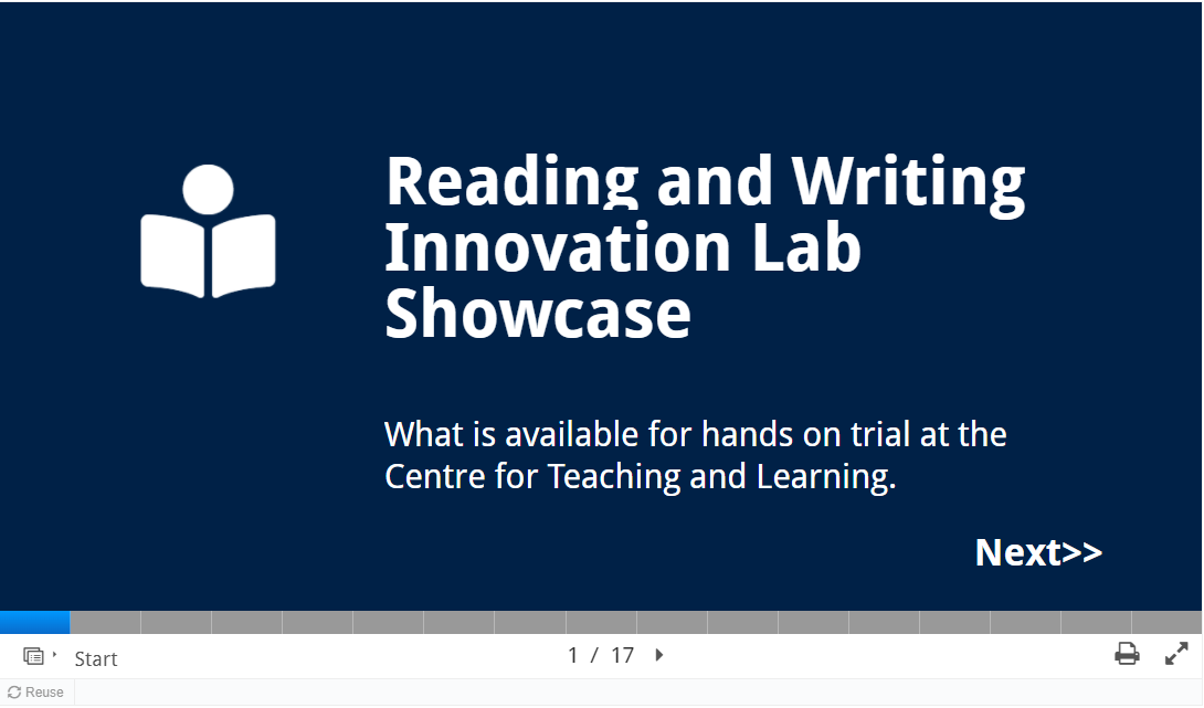 Screenshot of an embedded slide deck titled “Reading and Writing Innovation Lab Showcase”: “What is available for hands on trial at the Centre for Teaching and Learning”, with a Next button, at slide 1 of 17.