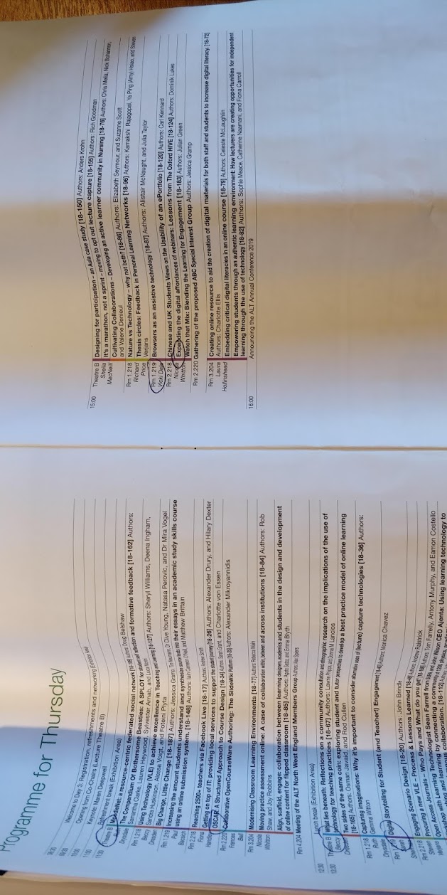 Photograph of an open printed conference programme with handwritten circles and notes beside session entries.