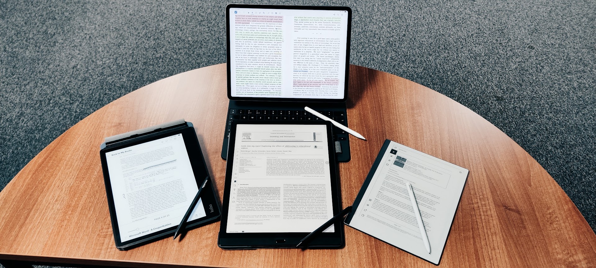 Photograph of a round wooden table with a tablet, a laptop and an e-reader, each showing a highlighted and annotated document, and styluses lying beside them.