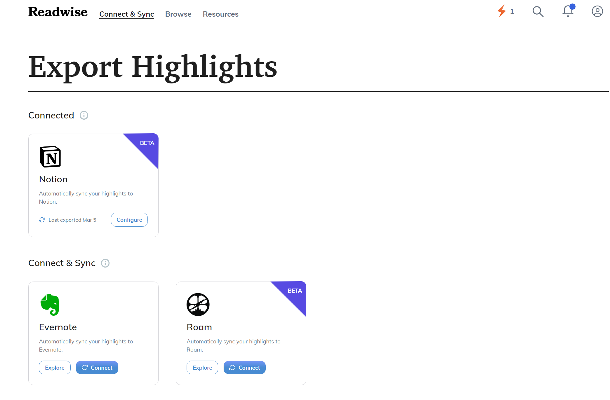 Screenshot of Readwise’s Export Highlights page, with Notion connected and Evernote and Roam available to connect and sync.