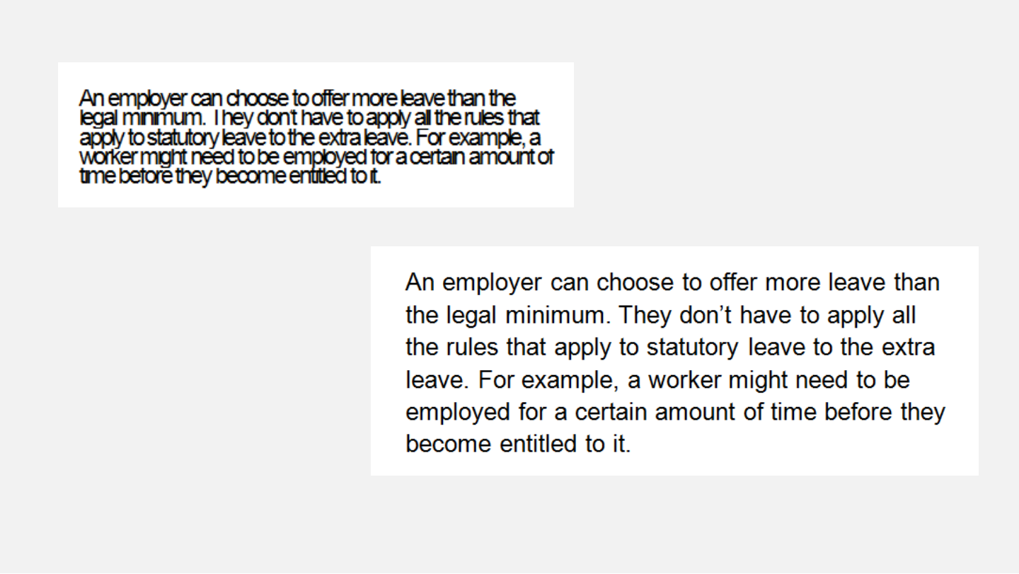 Two white text boxes on a grey slide showing the same paragraph. The upper box has the letters set so tightly that they overlap and are hard to read; the lower, larger box has normal letter spacing.