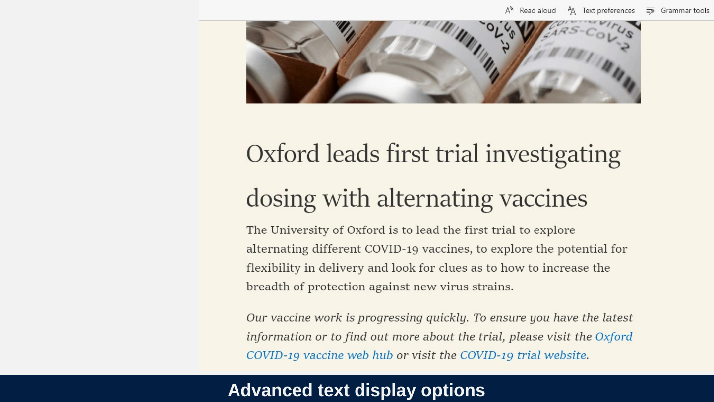 Original slide 22 as rendered: the Oxford vaccine news article shown in Edge Immersive Reader with a cream background and larger text, and the Read aloud, Text preferences and Grammar tools buttons at the top. The original is an animation, not included here.