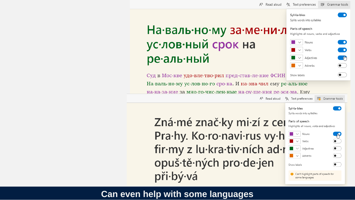 Two screenshots of Microsoft Immersive Reader with Syllables switched on, one above the other. Top: Russian text split into syllables with dots and coloured by parts of speech (nouns purple, verbs red, adjectives green). Bottom: Czech text split into syllables, “Zná·mé znač·ky mi·zí z cen…”, with Nouns highlighted, and a note in the panel that parts of speech cannot be highlighted for some languages.