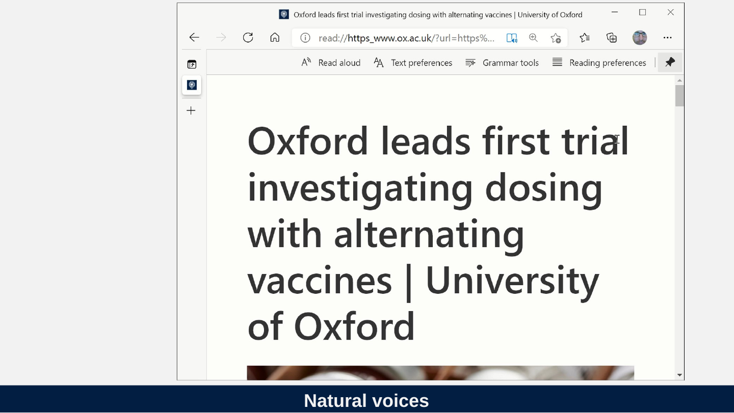 Original slide 27 as rendered: the poster frame of a screen recording of Edge Read aloud on the page “Oxford leads first trial investigating dosing with alternating vaccines”. The video itself is not part of this package.