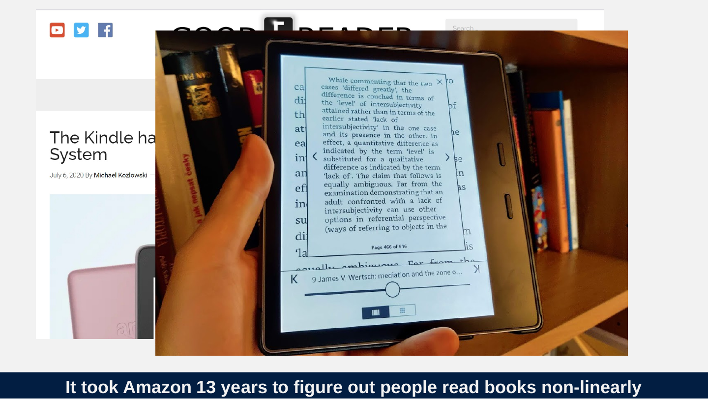 Original slide 52 as rendered: a hand holding a Kindle e-reader in front of a web page headed “The Kindle ha… System”.