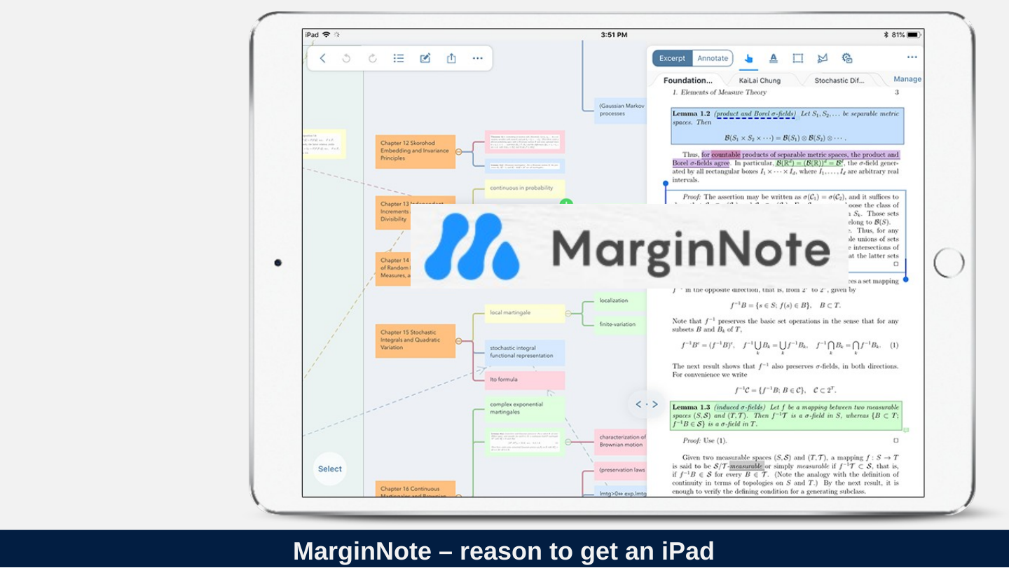 An iPad showing MarginNote: a mind map on the left, with orange chapter nodes such as “Chapter 12 Skorohod Embedding and Invariance Principles” and “Chapter 15 Stochastic Integrals and Quadratic Variation”, and a mathematics PDF on the right with coloured highlights and excerpts. The blue MarginNote logo is overlaid across the middle of the screen.