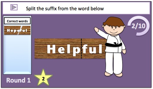 Screenshot of a spelling game, “Split the suffix from the word below”: the word “Helpful” on a wooden plank with a division mark, a “Correct words” panel showing “Hopeful”, a cartoon figure in a white karate uniform with a black belt, “Round 1”, a star with “2”, and the score “2/10”.