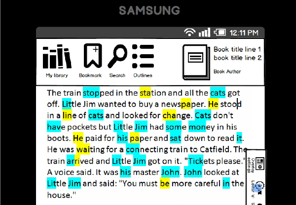 Screenshot of a text on a Samsung e-reader screen with a toolbar (My library, Bookmark, Search, Outlines) and a passage beginning “The train stopped in the station and all the cats got off”, with some words highlighted in cyan and yellow.
