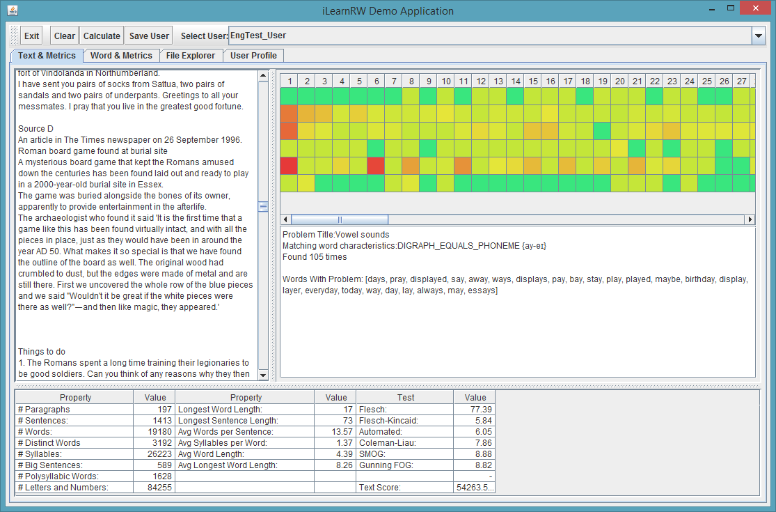 Screenshot of the iLearnRW Demo Application: a text pane on the left, a grid of coloured cells (green, yellow, orange and red) beside it, a “Problem Title: Vowel sounds” panel listing words with the problem, and a table of text properties below.