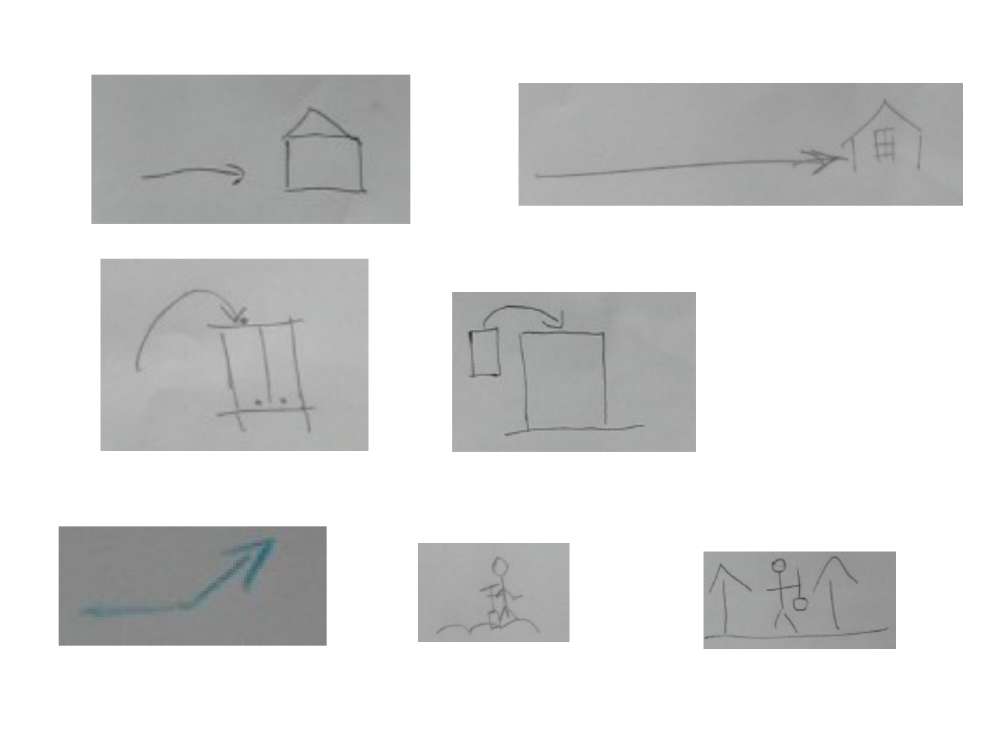 Original slide 45: seven small hand-drawn sketches of motion scenes, among them an arrow pointing at a house, a long arrow towards a house, a curved arrow over a table-like frame, a box with an arrow into another box, a blue arrow and small stick figures on a mound and under a roof.
