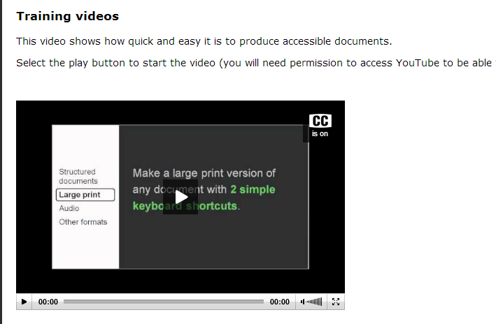 Load2Learn training video paused on a slide about making large-print documents with two keyboard shortcuts; closed captions are on.