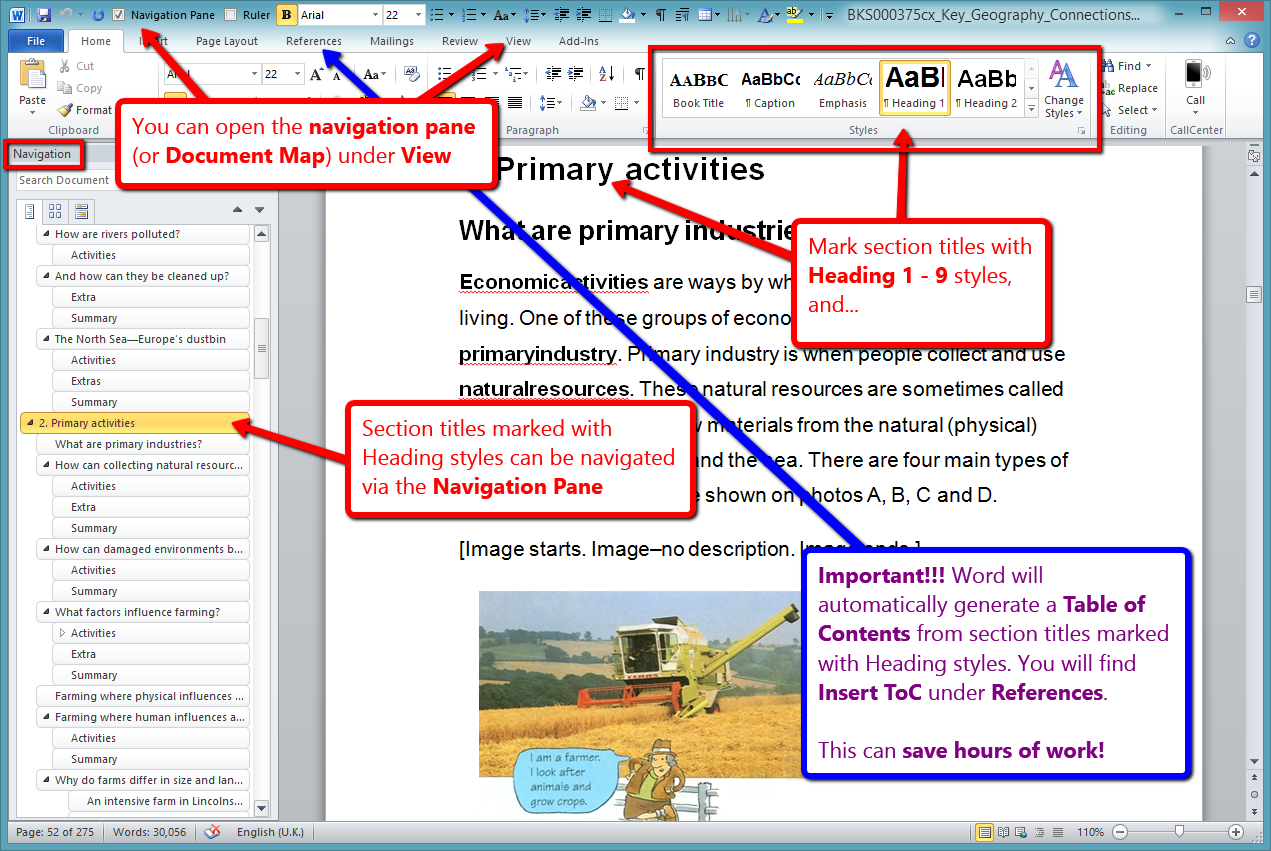 Annotated Word screenshot: apply Heading 1–9 styles to section titles, open the Navigation Pane under View, and insert an automatically generated table of contents under References.