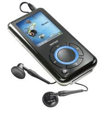 A portable Sony media player with wired earphones.