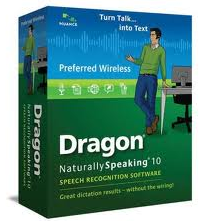 Dragon NaturallySpeaking speech recognition software box with the words Turn Talk into Text.