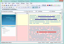 Small screenshot of Sonocent Audio Notetaker with coloured audio segments and a slide pane; finer interface text is not legible at this resolution.