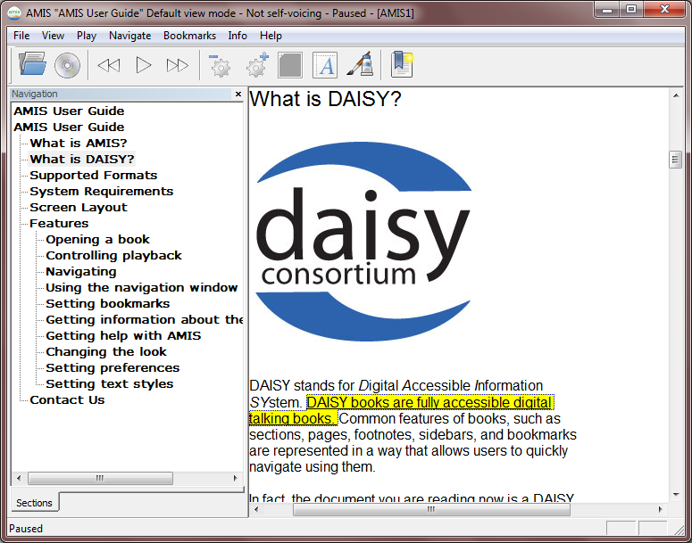 AMIS DAISY reader with a navigable contents tree and a highlighted sentence in the What is DAISY? section.