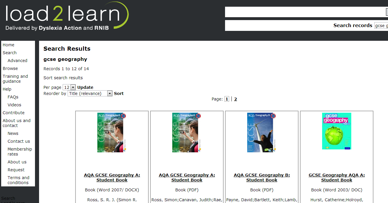 Load2Learn search results for GCSE geography, showing textbook covers and Word and PDF formats.