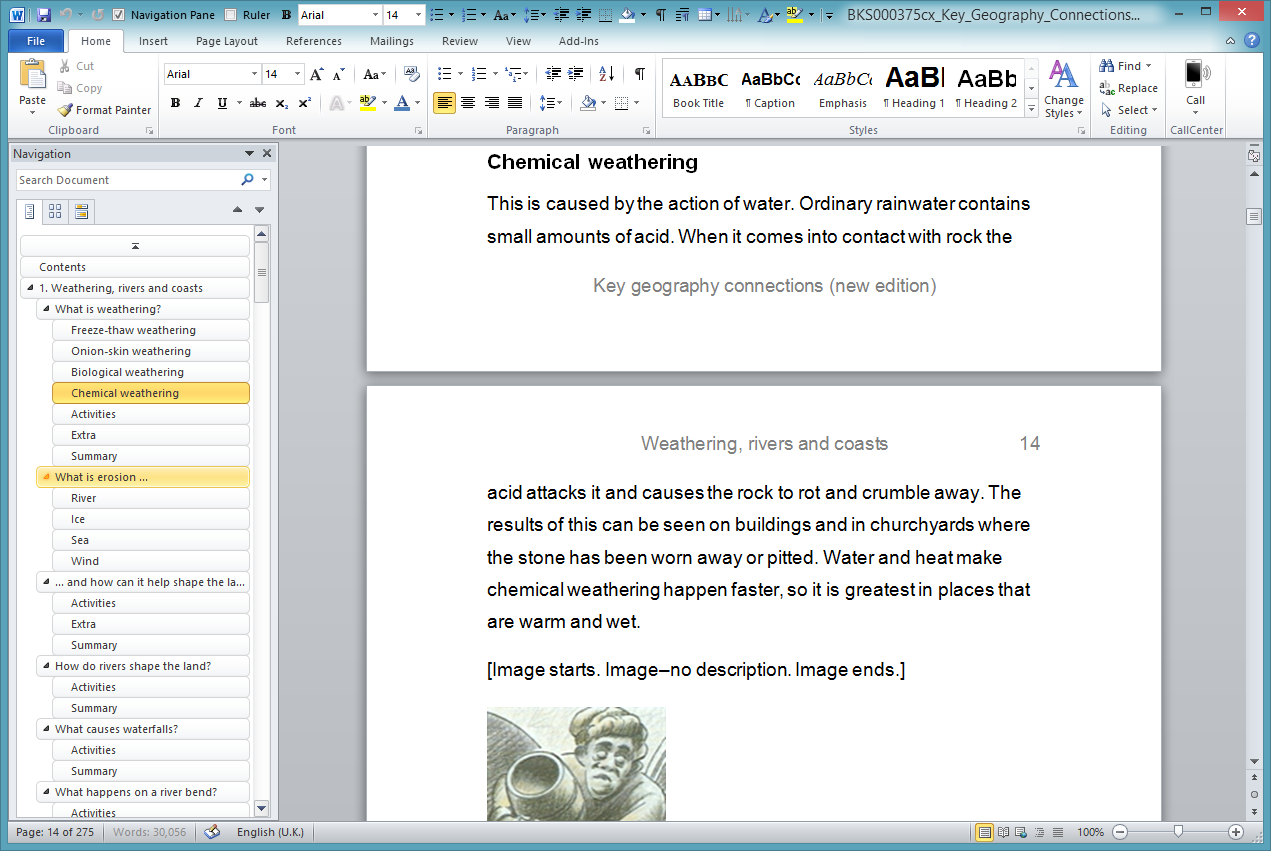 A geography textbook in Word with a heading navigation pane and a chemical weathering section; a picture is marked Image—no description.