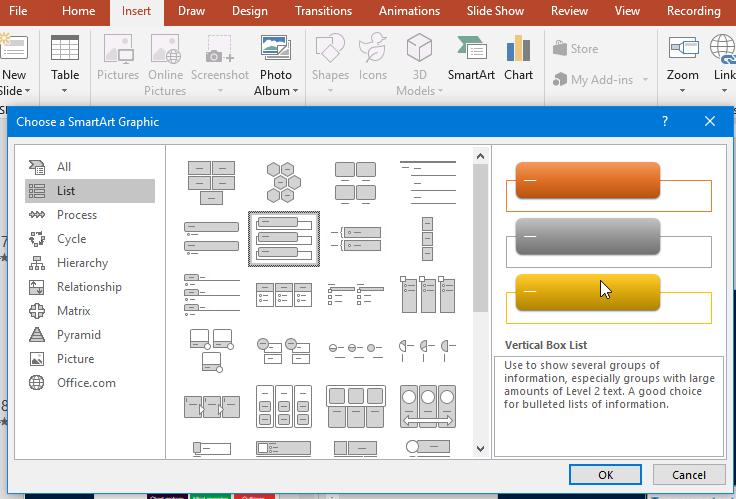 Screenshot of PowerPoint’s “Choose a SmartArt Graphic” dialog with categories All, List, Process, Cycle, Hierarchy, Relationship, Matrix, Pyramid, Picture and Office.com, and a preview of a vertical box list.