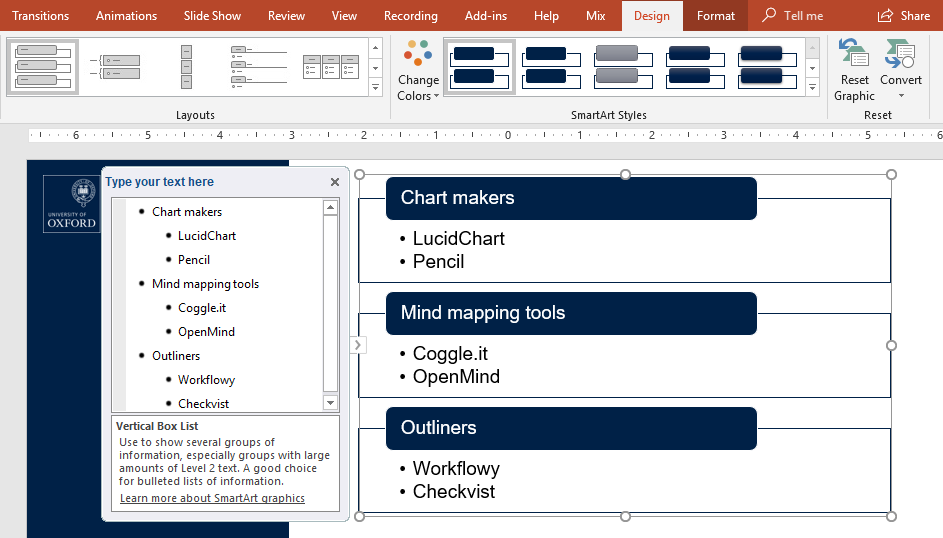 PowerPoint with the SmartArt Design ribbon open above the text pane and the vertical box list of chart makers, mind mapping tools and outliners.