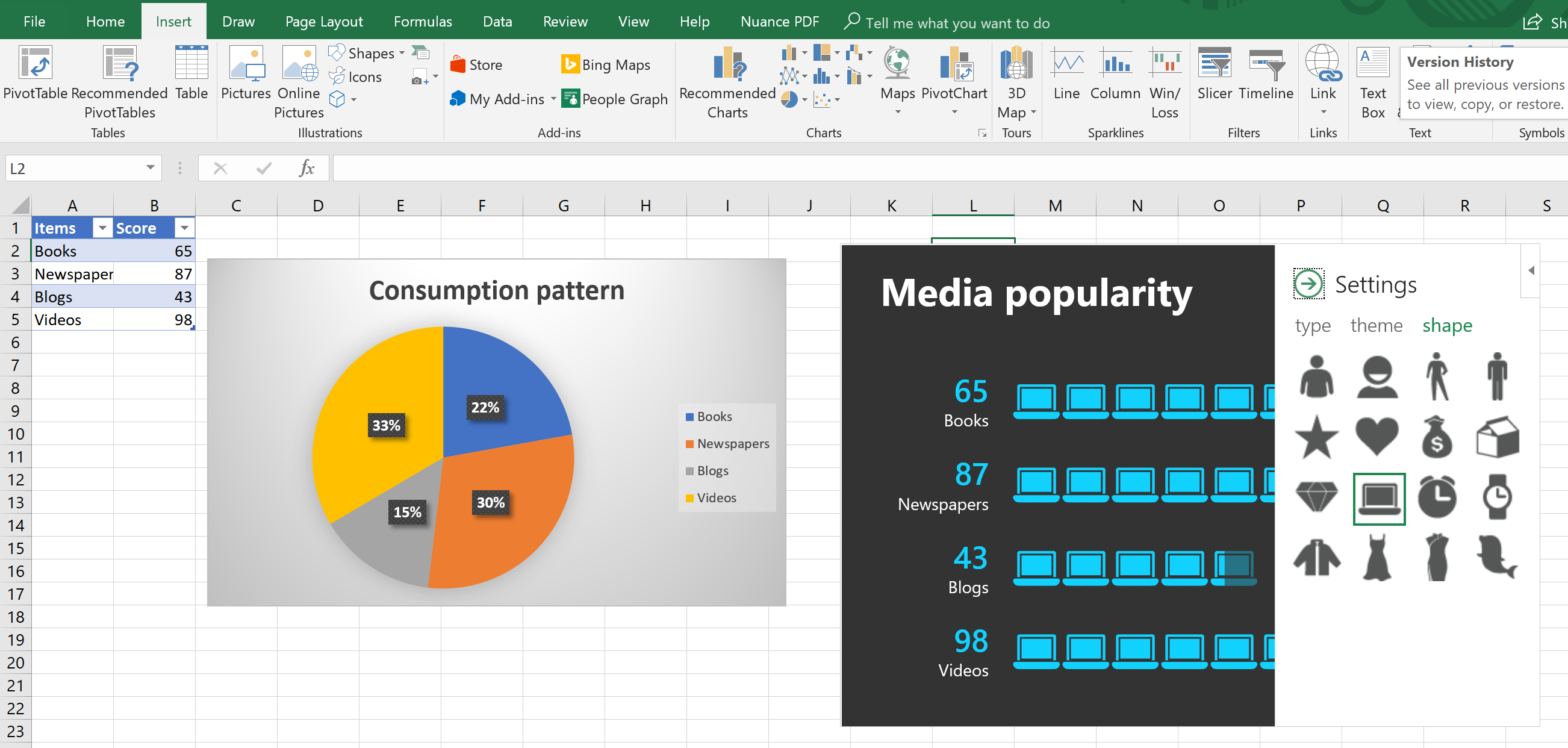 Screenshot of Excel with a pie chart “Consumption pattern” (Books, Newspapers, Blogs, Videos), a “Media popularity” panel with rows of icons (65 Books, 87 Newspapers, 43 Blogs, 98 Videos) and a Settings pane for an icon-based graphic.