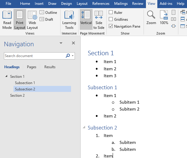 Screenshot of Word with the Navigation pane showing headings (Section 1, Subsection 1, Subsection 2) beside a document with Section 1, items 1 to 3, Subsection 1 with nested items, and Subsection 2 with a numbered list with lettered subitems.