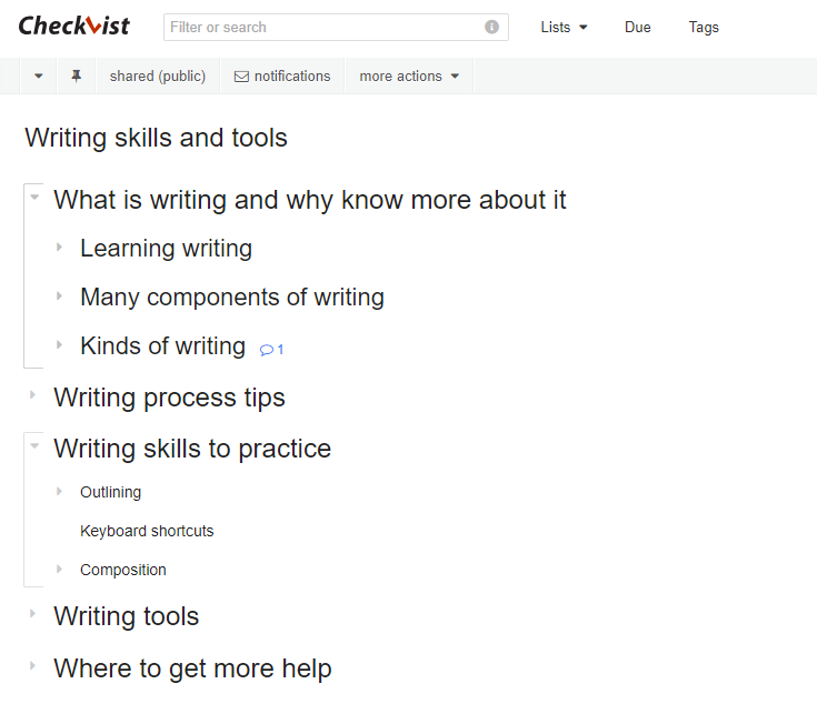Screenshot of Checkvist showing an outline “Writing skills and tools”: What is writing and why know more about it (Learning writing, Many components of writing, Kinds of writing), Writing process tips, Writing skills to practise (Outlining, Keyboard shortcuts, Composition) and Writing tools.