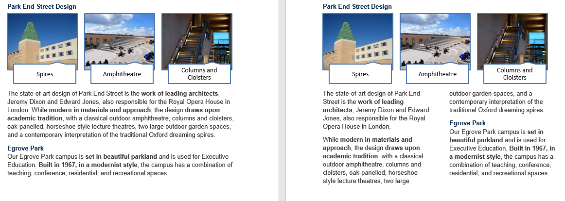 Two copies of a web page about the Park End Street building: three photographs captioned Spires, Amphitheatre, and Columns and Cloisters, above the text of the Park End Street Design and Egrove Park paragraphs given below. The left copy sets the text in one wide column; the right copy sets it in two narrow columns.