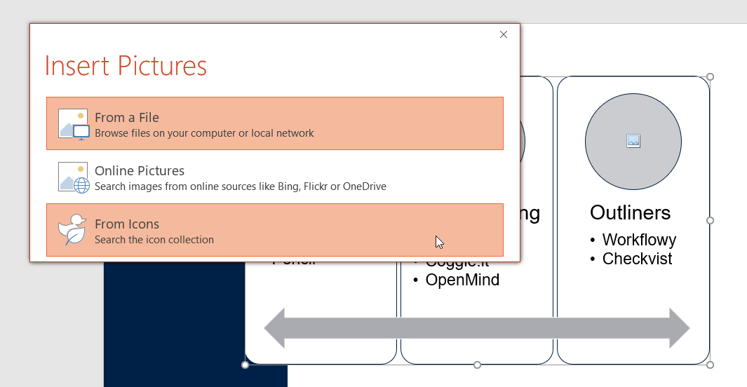 PowerPoint’s Insert Pictures dialog over the SmartArt, offering From a File, Online Pictures and From Icons.