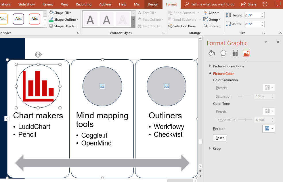 PowerPoint with the Format Graphic pane open while a red bar-chart icon is recoloured on the Chart makers card; the other two cards have grey circles.