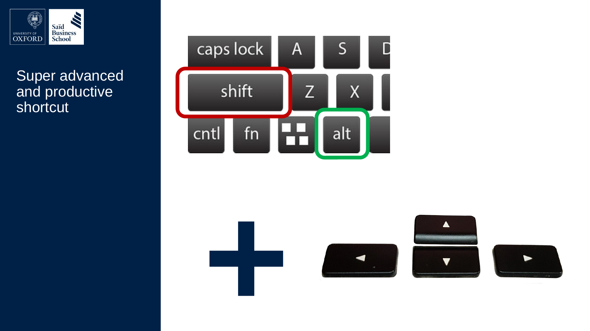 The slide “Super advanced and productive shortcut”. A cropped keyboard with the Shift key marked by a red box and the Alt key marked by a green box, a plus sign, and the four arrow keys.