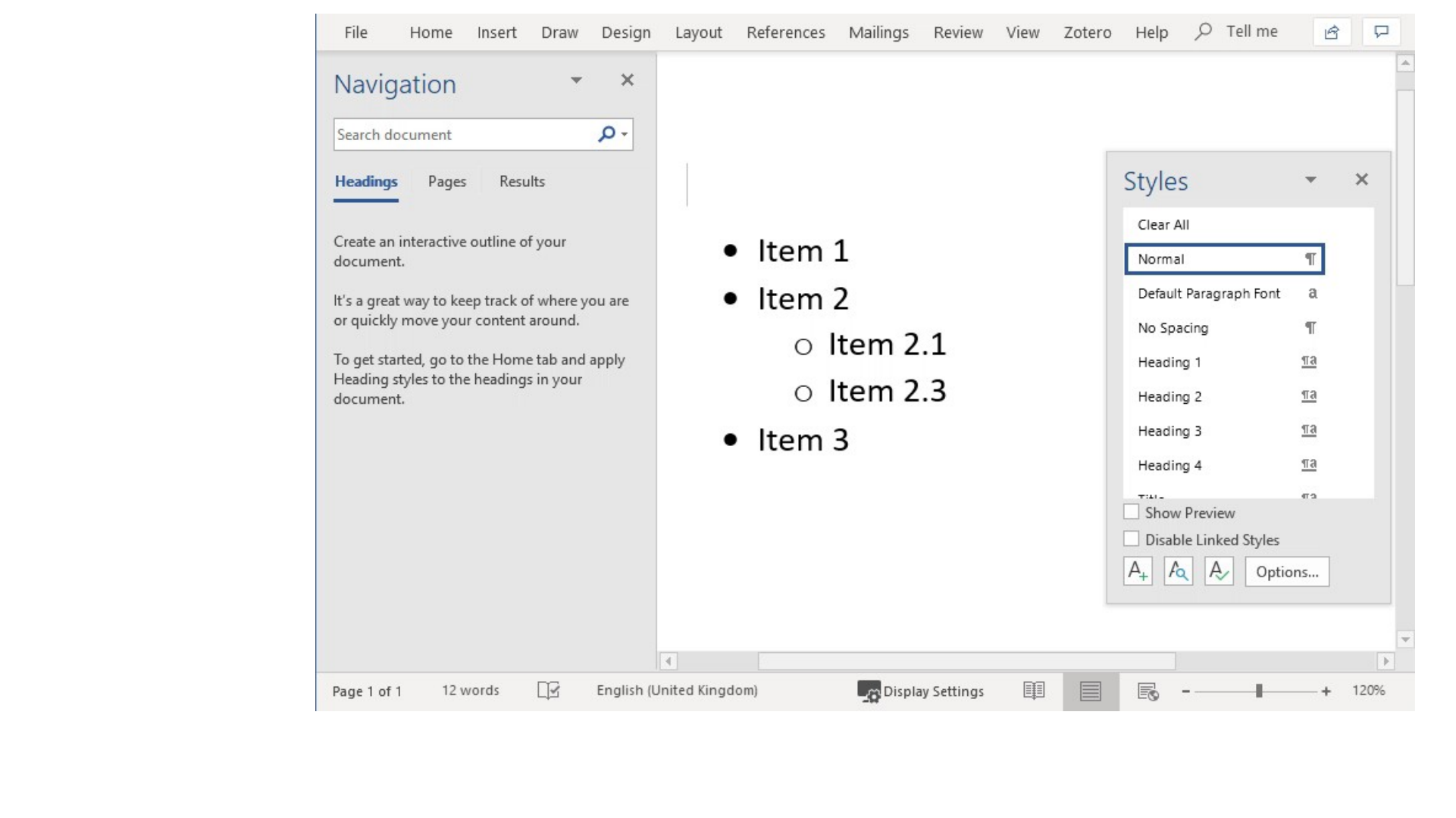 Original slide 24 as rendered: a still from a screen recording of Word with the Navigation pane and a bulleted list (Item 1, Item 2 with Item 2.1 and 2.3, Item 3) beside the Styles pane. The video itself is not part of this package.