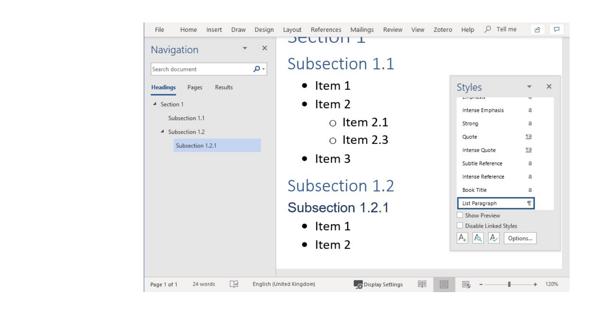 Original slide 25 as rendered: a still from a screen recording of Word with the Navigation pane, Subsection 1.1 and 1.2 with bulleted items, and the Styles pane. The video itself is not part of this package.