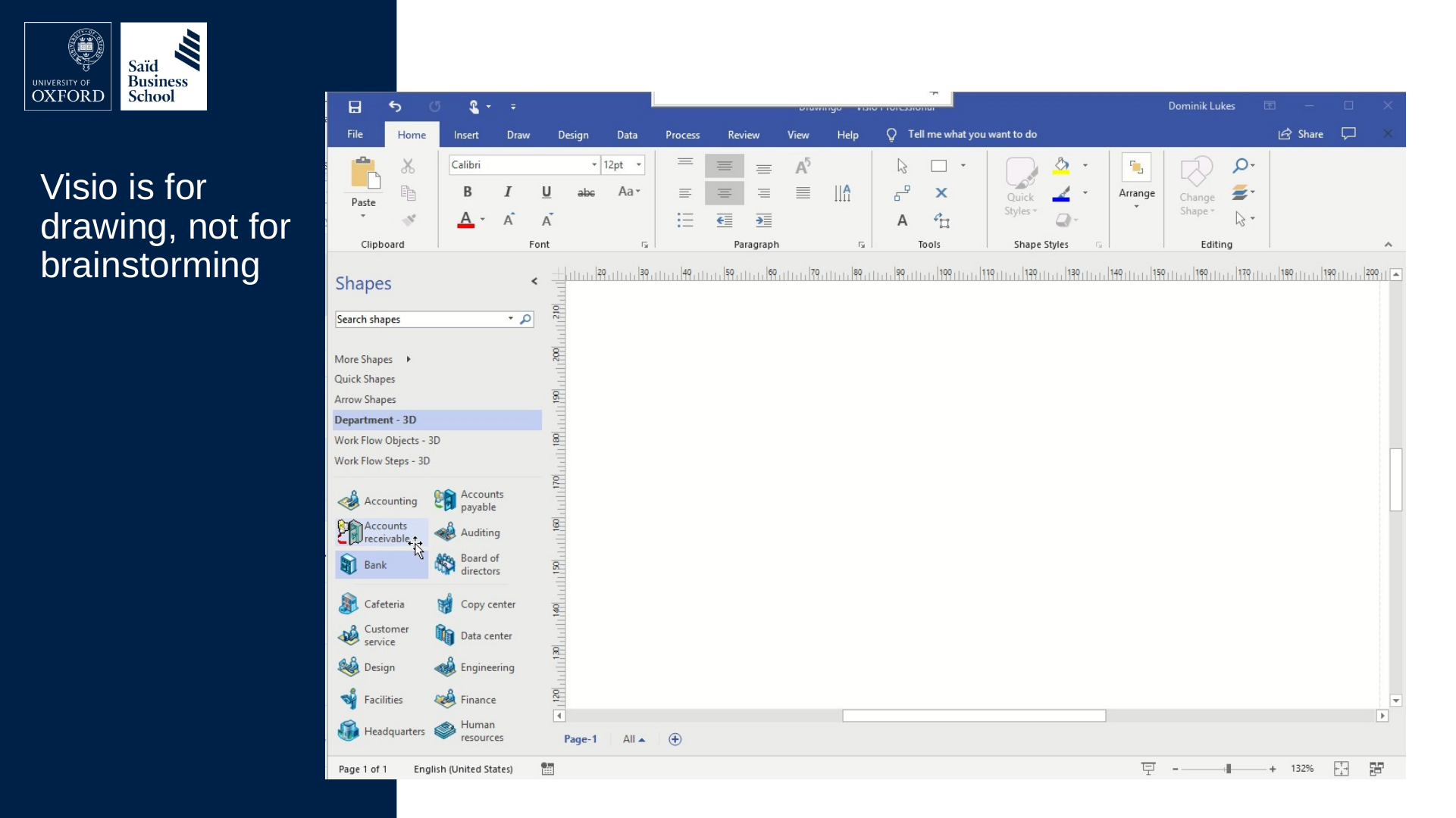 Original slide 35 as rendered: a Visio window with an empty drawing page and a shapes panel, a still from a screen recording. The video itself is not part of this package.