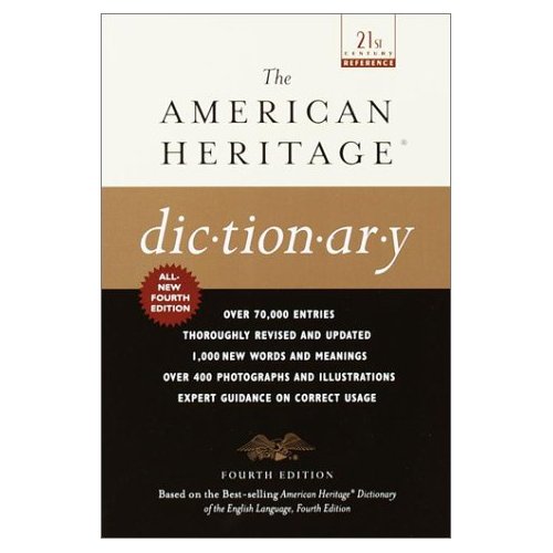 Cover of The American Heritage Dictionary, fourth edition (grey and brown), with a list of features at the bottom.