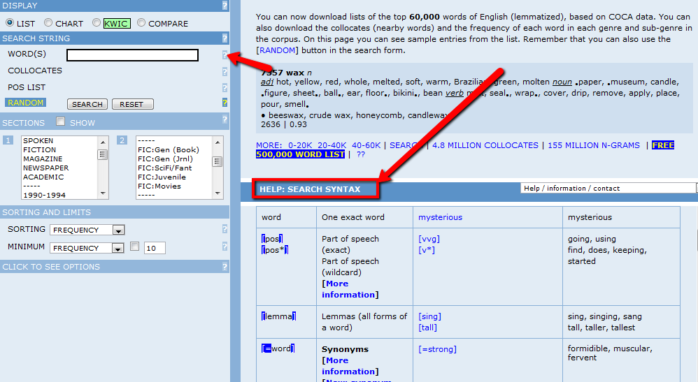 Screenshot of the COCA search form with a red arrow from the help icon beside the search box to a panel headed “Help: Search syntax”, which has a table of codes for a part of speech, a lemma and synonyms with examples.