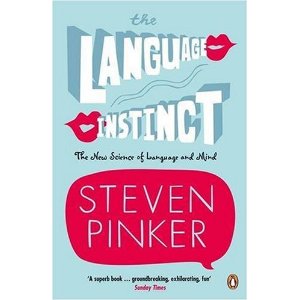 Cover of The Language Instinct by Steven Pinker: pale blue with a drawing of red lips and the subtitle “The New Science of Language and Mind”.