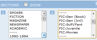 Screenshot of the sections menu of the COCA form: a left list of SPOKEN, FICTION, MAGAZINE, NEWSPAPER and ACADEMIC with the period 1990–1994, and a right list of the fiction sub-genres FIC:Gen (Book), FIC:Gen (Jrnl), FIC:SciFi/Fant, FIC:Juvenile and FIC:Movies.