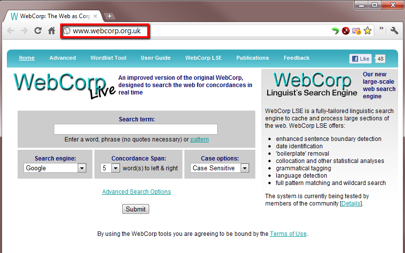 Screenshot of the WebCorp Live search page in a browser, with the address www.webcorp.org.uk outlined in red: a search-term box, options for search engine, concordance span and case, and a panel describing WebCorp Linguist’s Search Engine.
