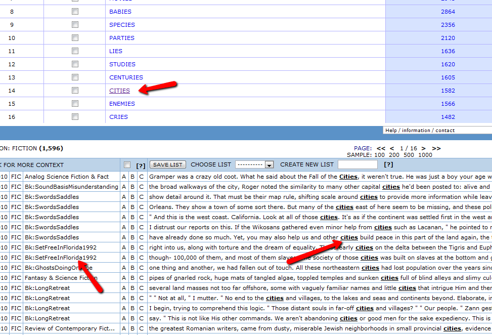 Screenshot of a COCA list of words ending in -ies, with a red arrow at CITIES (1582), and below it a keyword-in-context display of fiction lines containing “cities”, with two more red arrows.