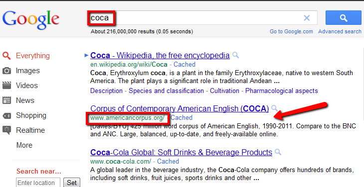 Screenshot of a Google search for “coca”, about 216,000,000 results. The result “Corpus of Contemporary American English (COCA)” with the address www.americancorpus.org is outlined in red and marked by a red arrow, above a result for Coca-Cola.