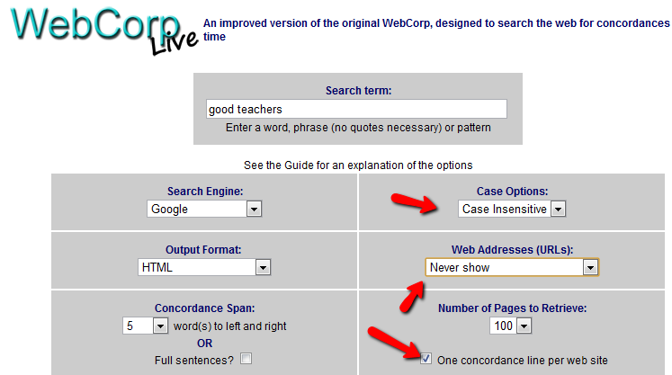 Screenshot of the WebCorp Live search form with the options for search engine, output format, web addresses, concordance span and number of pages, and red arrows at the case option and the page options.