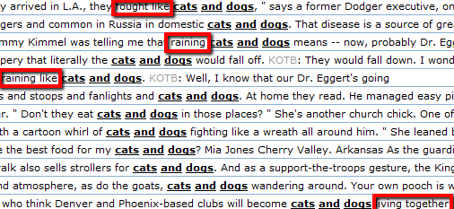 Screenshot of concordance lines for “cats and dogs”, with the words before it outlined in red, for example “fought like”, “raining” and “living together”.