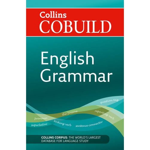 Cover of Collins COBUILD English Grammar: red and dark blue, with the printed words “COLLINS CORPUS: THE WORLD’S LARGEST DATABASE FOR LANGUAGE STUDY” near its foot. The cover itself carries no red box or arrow; on the original slide a red box is drawn round those words and a red arrow points at the box from the lower left.