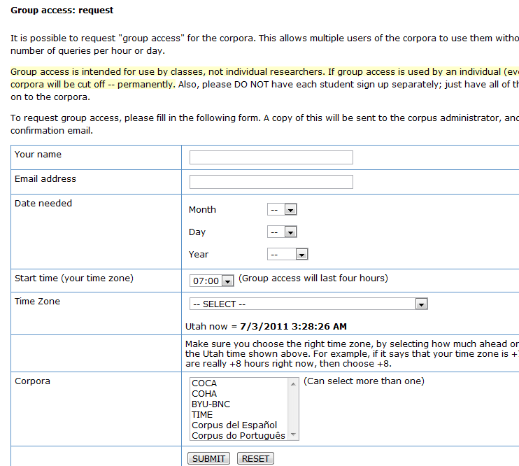 Screenshot of the corpus “Group access: request” form with fields for name, email, date, start time and time zone, and a list of corpora (COCA, COHA, BYU-BNC, TIME, Corpus del Español, Corpus do Português) with a Submit button.